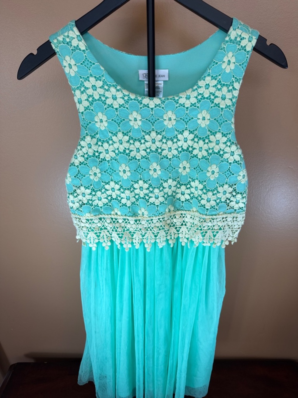 Bonnie Jean Aqua Lace Floral Bodice Dress‎ with Cream Trim
